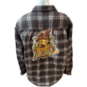 Reading Cat Plaid Flannel Shirt Shacket LARGE Oversize Witch Books Reader Unique